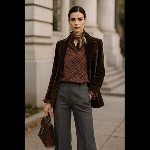 SAINT-LAURENT Rive Gauche Ruffled Collar Plaid Blouse Brown Designer VTG sz 42